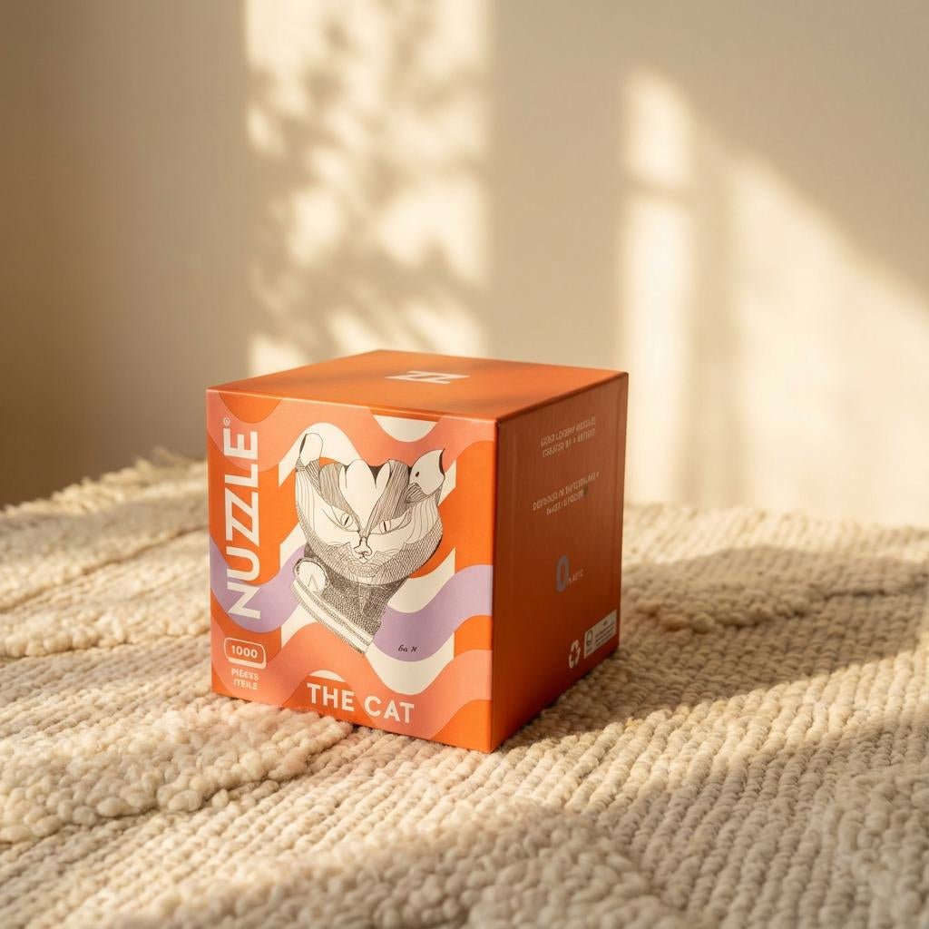 NUZZLE product packaging on a textured rug with soft lighting and shadows