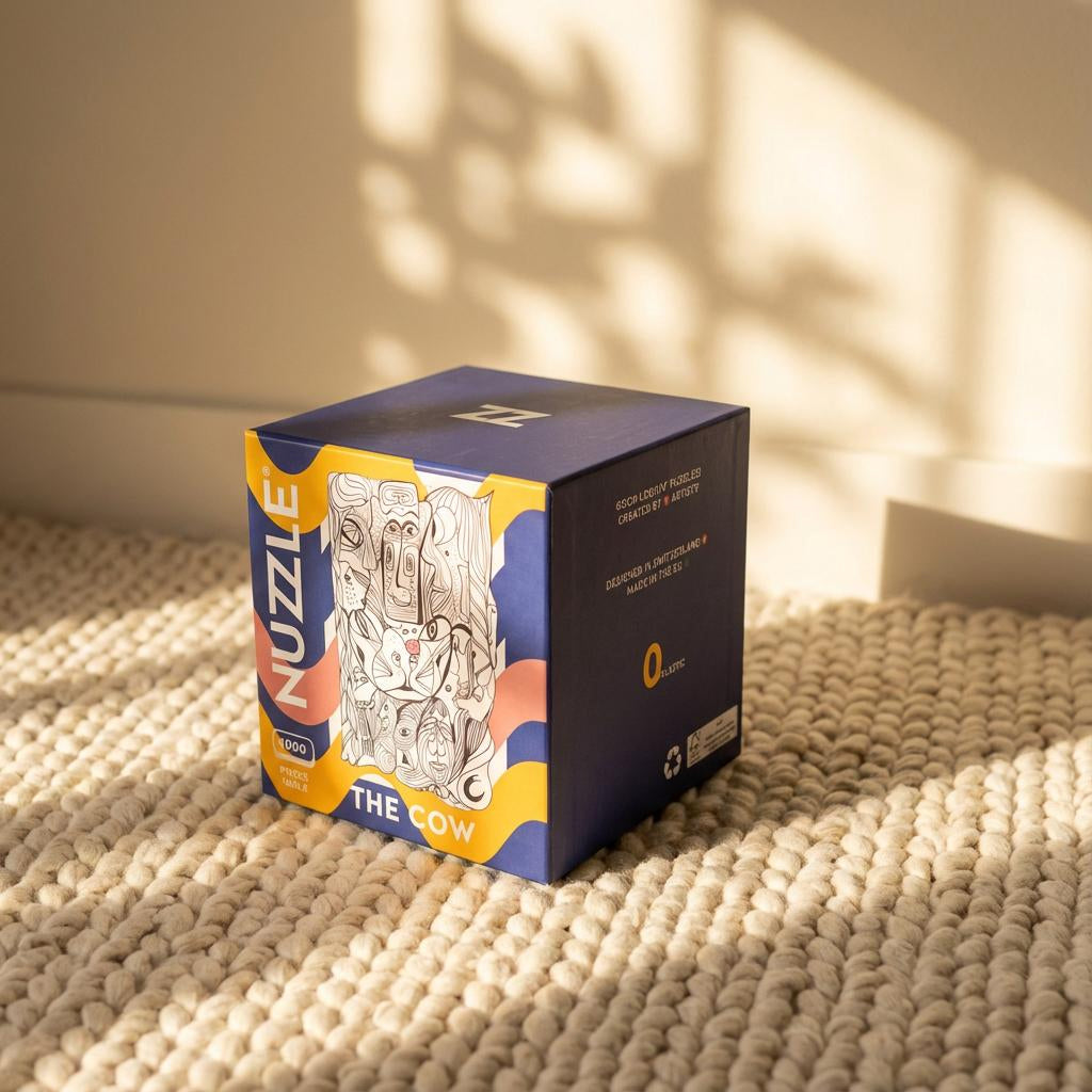 NUZZLE product packaging on a textured cream rug with sunlight casting shadows