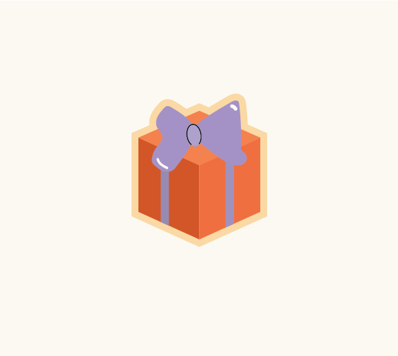 Icon of a present wrapped in orange, with a purple bow on a white background
