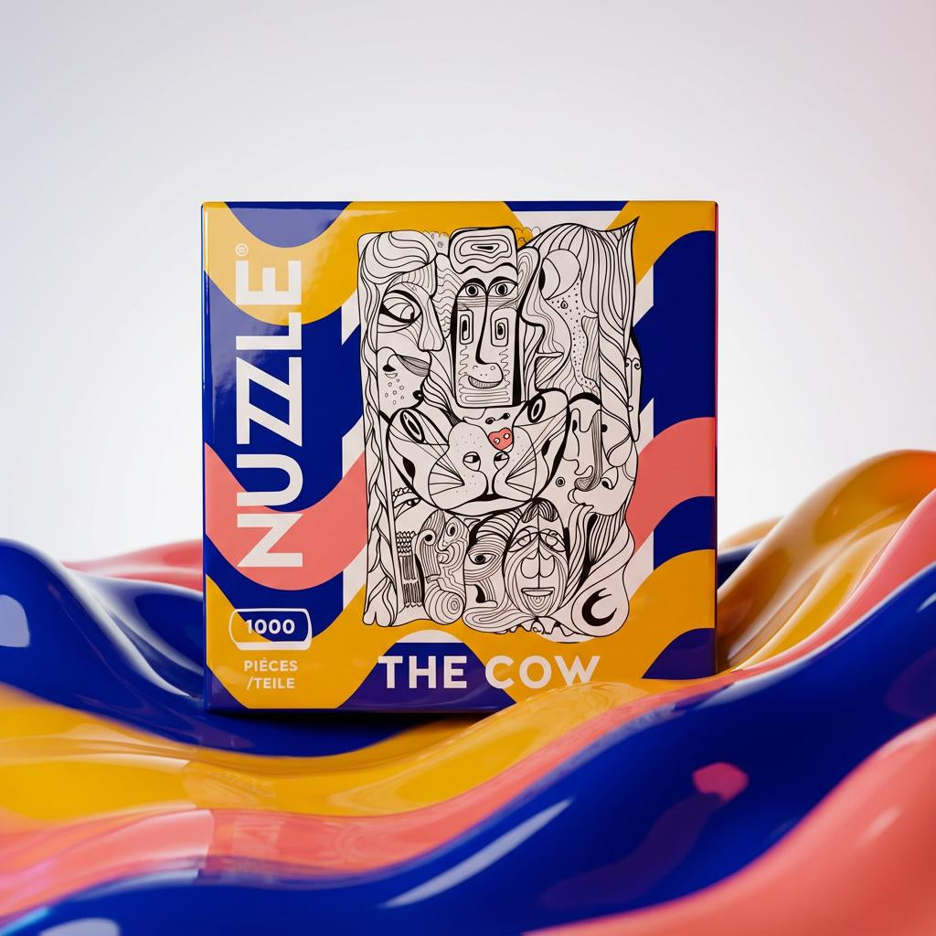 NUZZLE puzzle box with abstract design riding on colorful 3D waves with white background