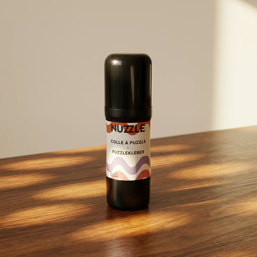 NUZZLE puzzle glue standing on a wooden tabletop against a plain light wall, with warm sunlight and shadows across the surface.
