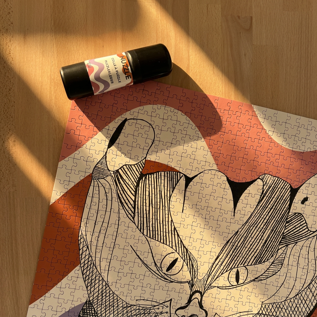 A partially completed jigsaw puzzle featuring a stylized black line-art face on a muted cream, coral, and rust background, photographed on a light wood table with strong sunlight and shadows. A glue container by the brand 'NUZZLE' lies next to it.