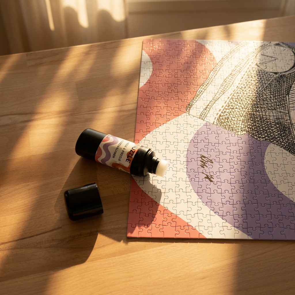 Open glue container with lid by the brand 'NUZZLE' lies next to an assembled The CAT jigsaw puzzle on a wooden table with warm sunlight and shadows.
