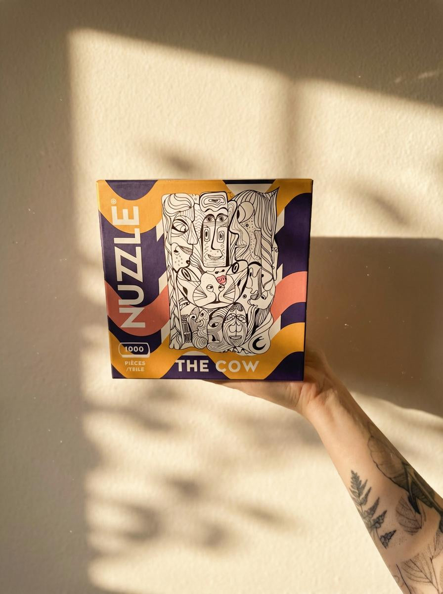 Puzzle box titled 'The Cow' by NUZZLE held by tattooed arm against a neutral wall