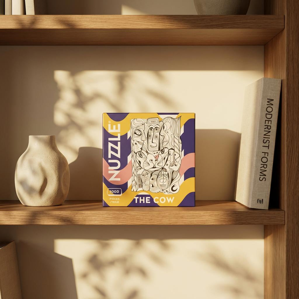 NUZZLE puzzle box on a wooden shelf with a vase and book against a neutral wall