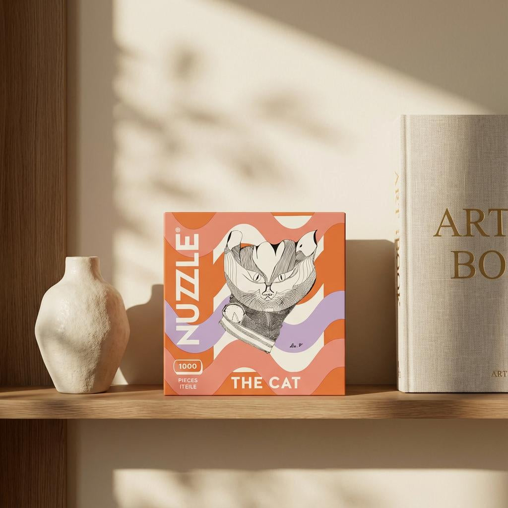 Puzzle box featuring a cat design on a shelf with a book and vase.
