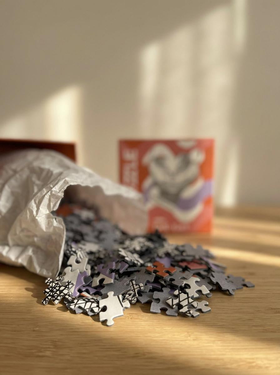 Pile of puzzle pieces spilling out of a paper bag on a wooden surface with a blurred box in the background.