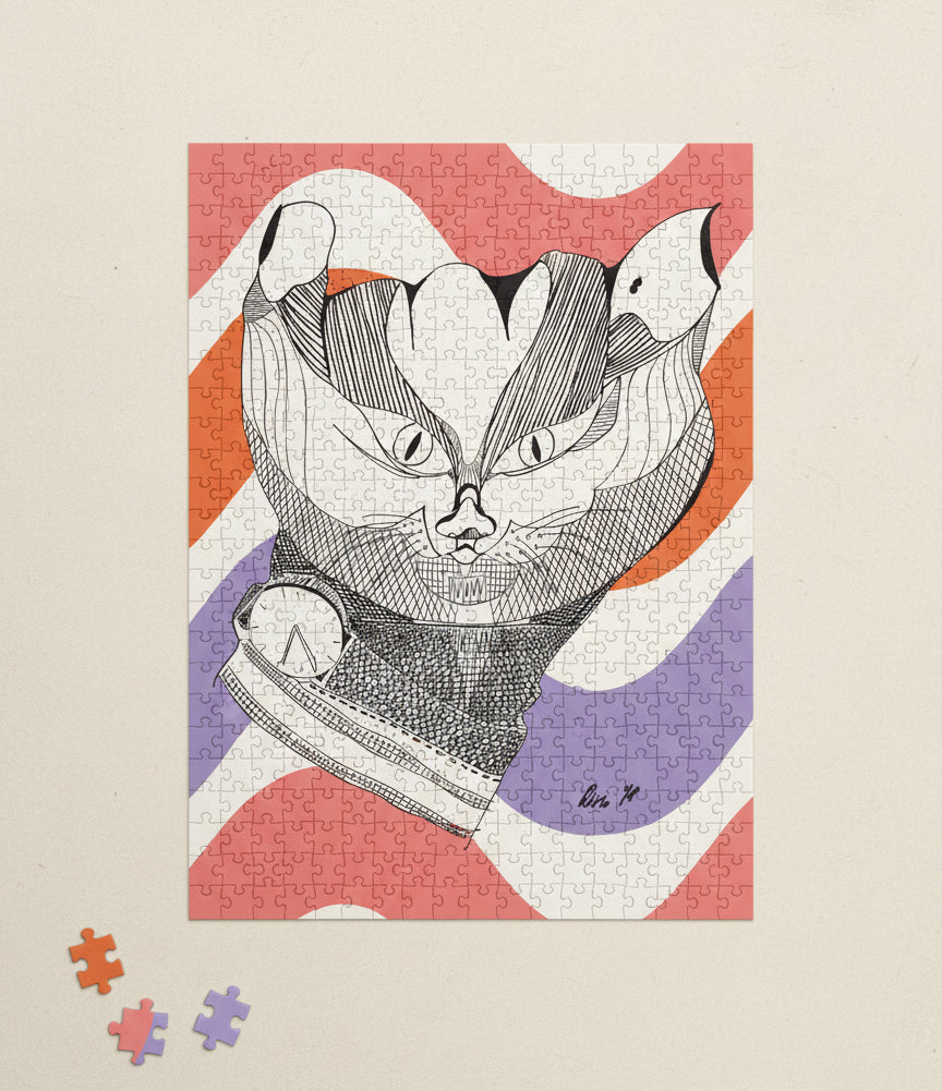 Jigsaw puzzle with a design of a cat in a  on a colorful wavy background