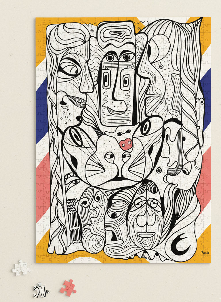 Abstract 1000 pieces puzzle with black line drawings on a colorful wavy background