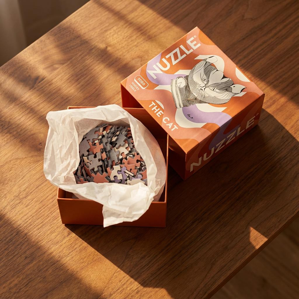Puzzle box opened with its top off, showing puzzle pieces on a wooden table