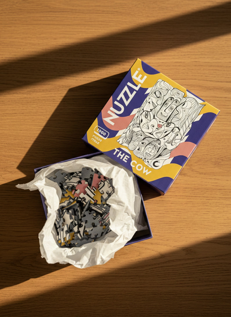 NUZZLE product packaging open, showing puzzle pieces on a wooden surface